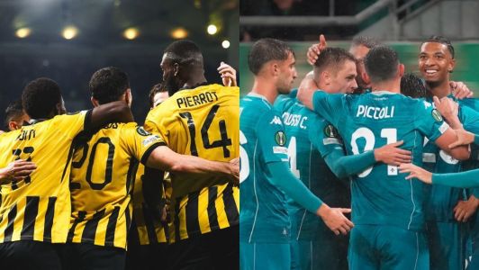 Jogadores de AEK Atenas (à direita) e Fiorentina (à esquerda) celebram gols na segunda rodada da Conference League