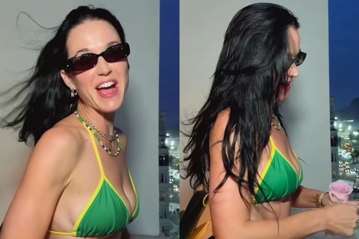 Katy Perry se despede do Brasil com biquiní ‘temático’ e homenageia fãs em sacada de hotel