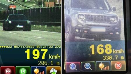 Fotos divulgadas pela Polícia Rodoviária Federal mostram os carros flagrados acima da velocidade
