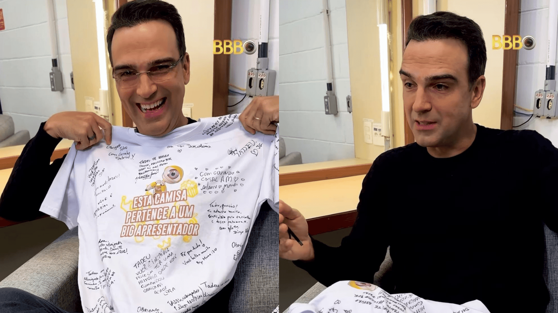Tadeu Schmidt chora ao ganhar 'presente misterioso' dos ex-BBBs 25