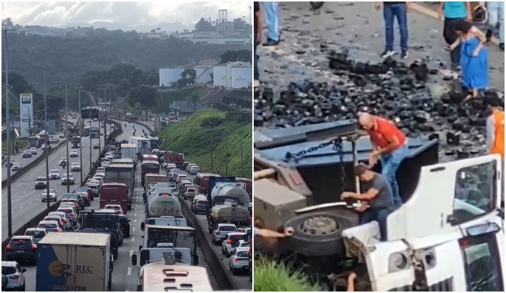 Caminhão tomba, espalha sucata pela pista e fecha parcialmente a Fernão Dias, em Betim (MG)