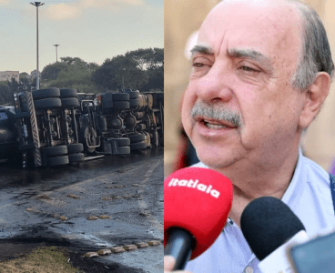 Do lado esquerdo, uma imagem de uma carreta que carregava óleo diesel tombada no Anel Rodoviário. Do lado direito, Fuad Noman, prefeito de BH.