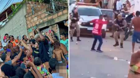Foto mostra MC Júnior PK em meio a populares e, ao lado, homem atacando viatura da Polícia Militar