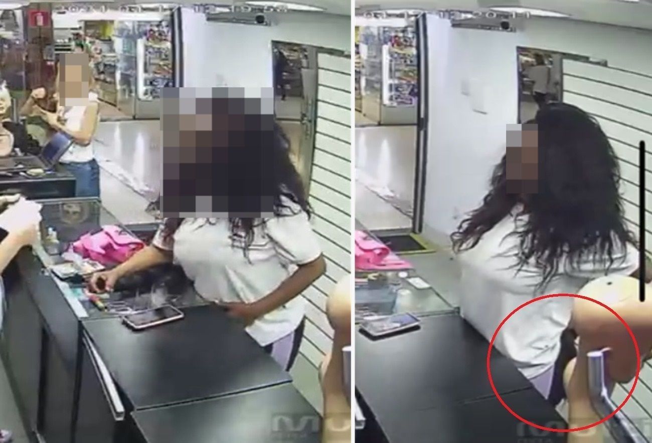 Vídeo: mulher furta R$ 2,5 mil em cabelo em galeria de BH e enfia mechas na calça
