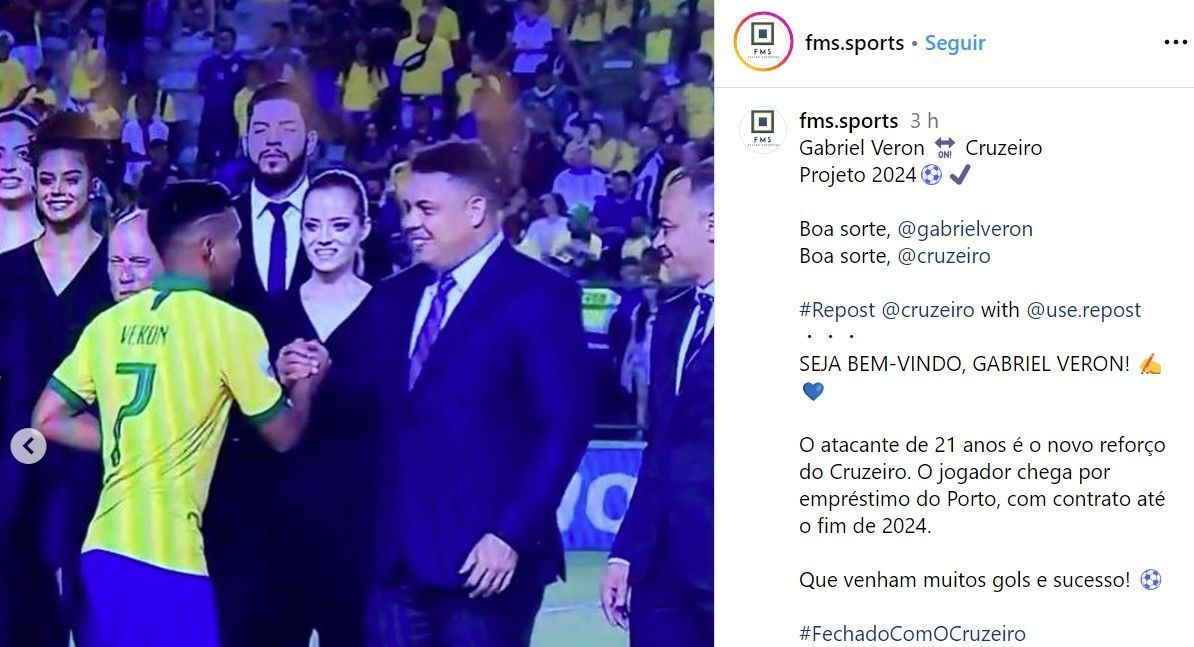 Agente relembra 'encontro' de Gabriel Veron, reforço do Cruzeiro, com Ronaldo