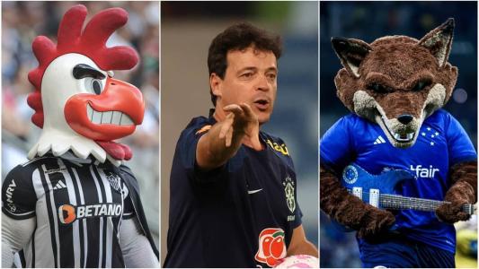 Galo Doido (esq), mascote do Atlético; Fernando Diniz (centro) técnico da Seleção; e Raposão (dir), mascote do Cruzeiro