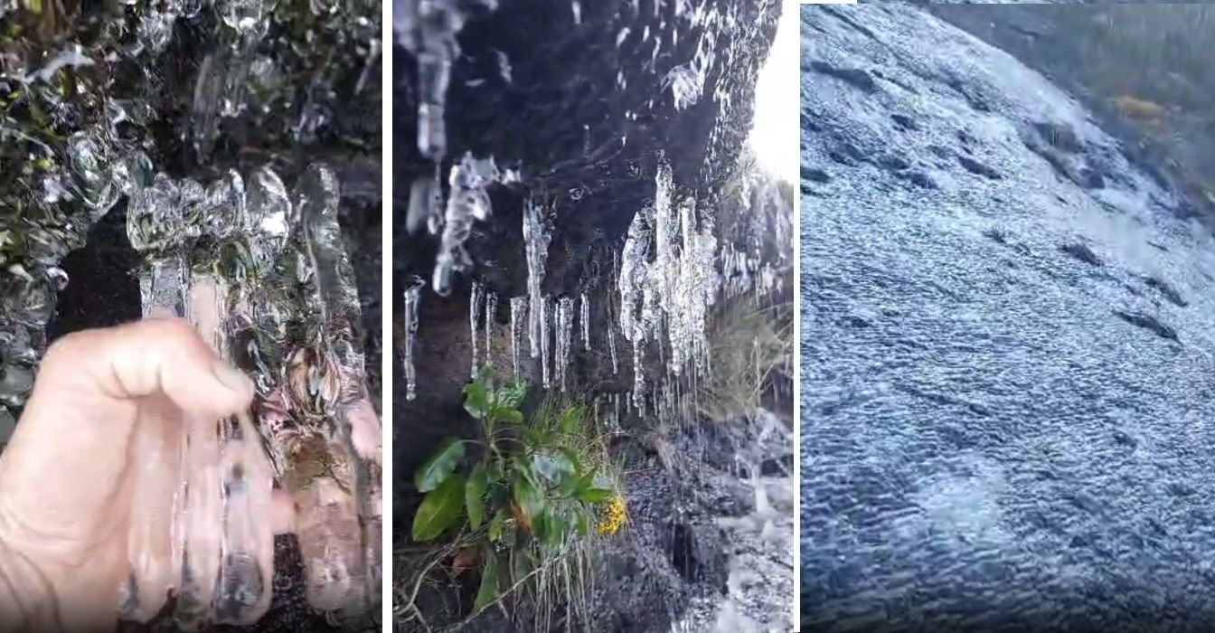 Vídeo: frio intenso 'congela' montanha mais alta de MG e surpreende trilheiro