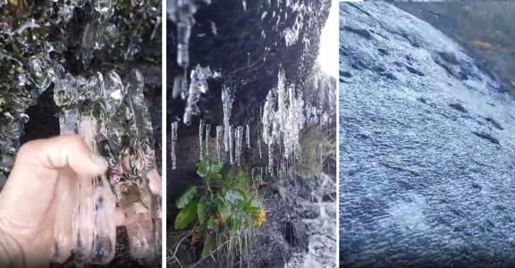 Fotos mostram gelo no Pico da Bandeira, em Minas Gerais