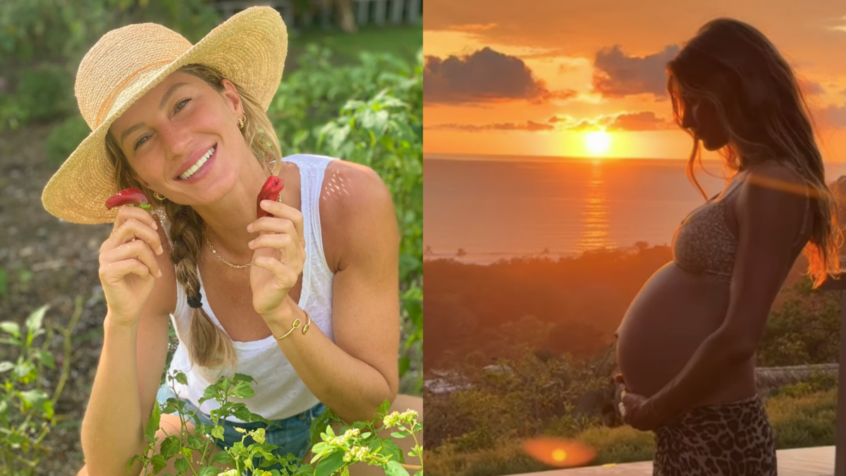 Gisele Bündchen exibe barriga de grávida e arranca elogios de fãs: 'Canceriana inspiradora'