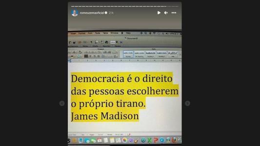 Governador Romeu Zema postou frase de ex-presidente dos EUA, James Madison
