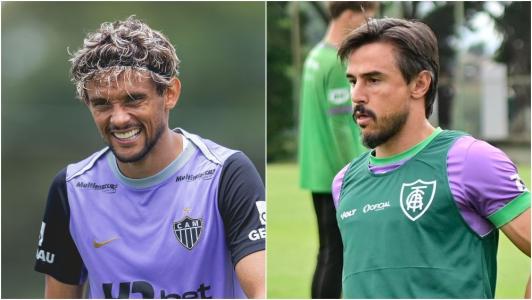 Gustavo Scarpa (à esquerda) e Willian Dubgod (à direita), jogadores de Atlético e América, respectivamente