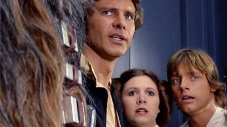 Han Solo (Harrison Ford), Princesa Leia (Carrie Fisher) e Luke Skywalker (Mark Hamill) na trilogia original de Star Wars