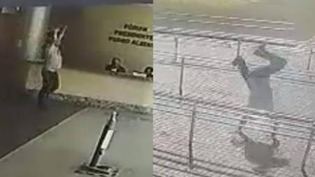 Homem cumprimentou porteiros e deu piruetas ao sair do Fórum de Contagem