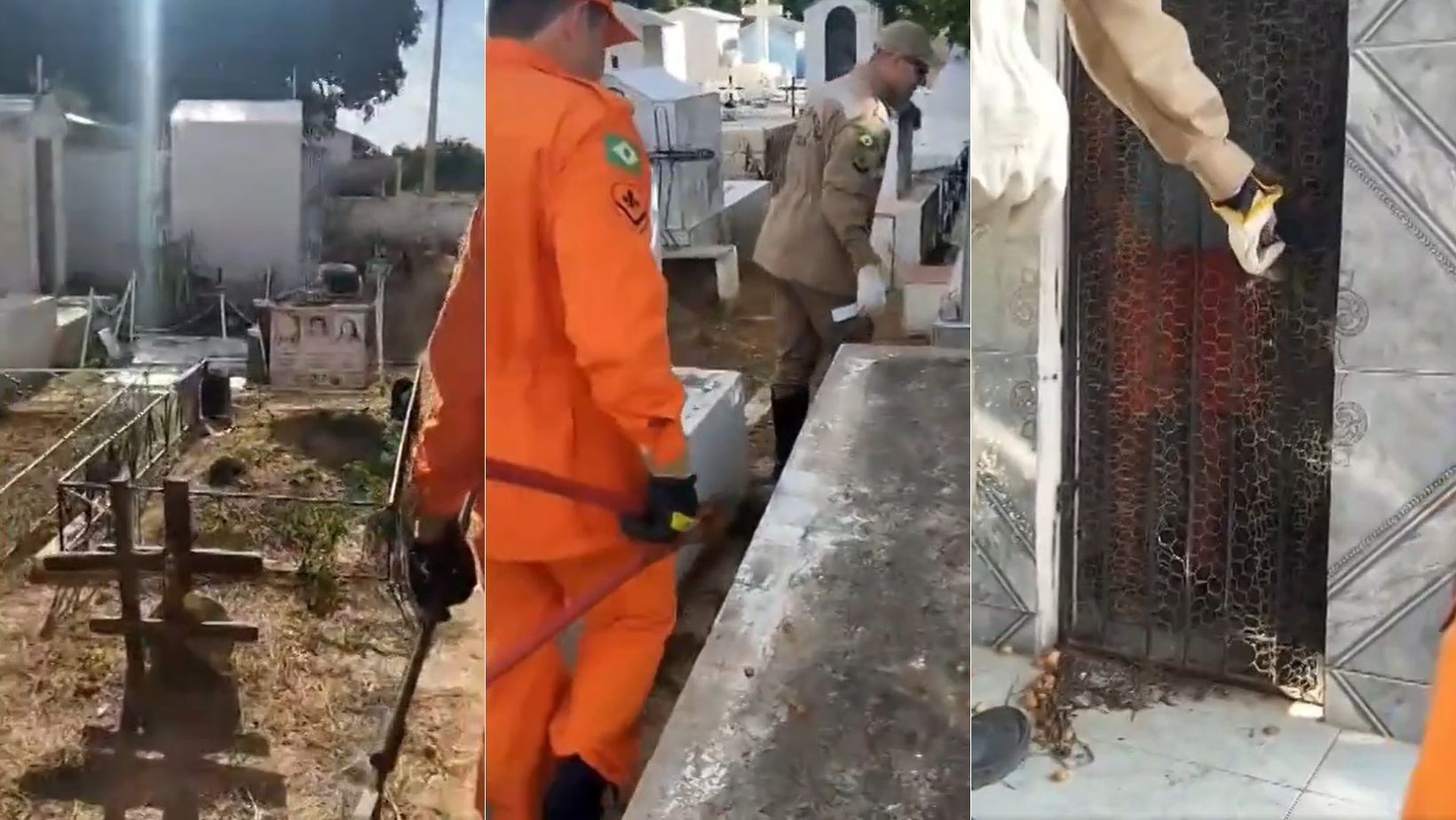 Homem se tranca em sepultura de cemitério, fica preso e pede ajuda dos bombeiros; vídeo