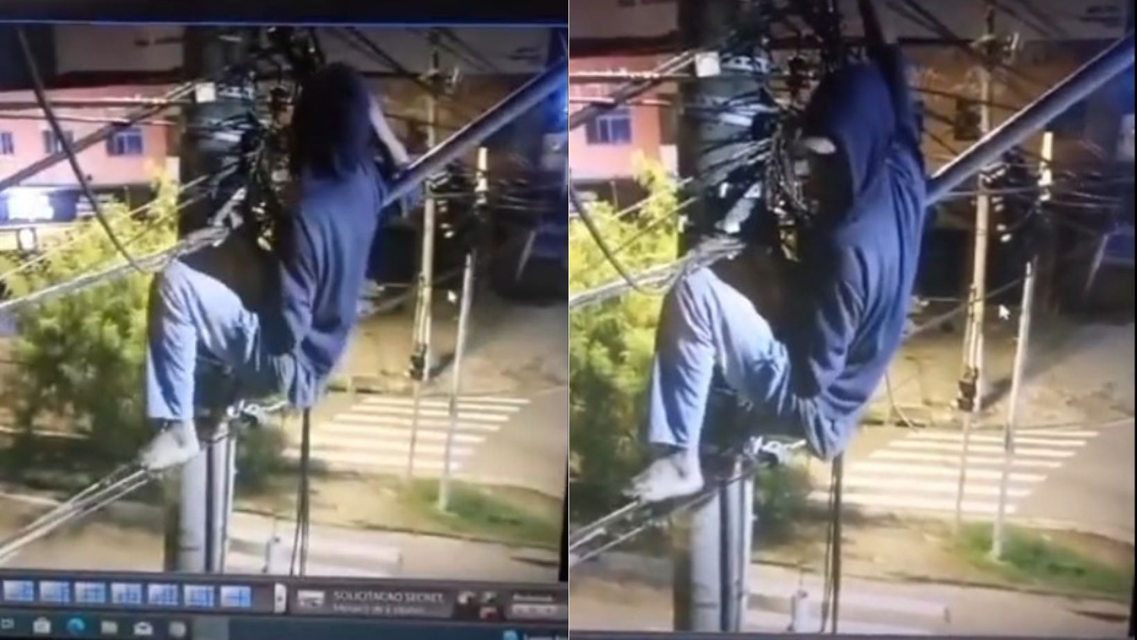 Homem sobe em poste para roubar fios e é preso na Grande SP; veja vídeo