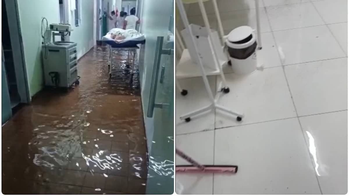 Hospital tem corredores alagados em Machacalis depois de chuva forte neste domingo (2)