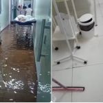 Hospital tem corredores alagados em Machacalis depois de chuva forte neste domingo (2)