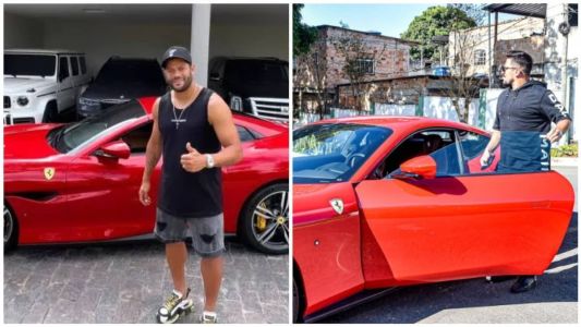 Hulk e Aloísio com os modelos da Ferrari