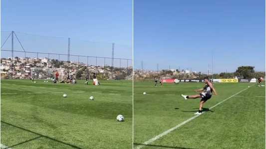 Hulk marcou dois gols idênticos do meio-campo, durante treino na Cidade do Galo