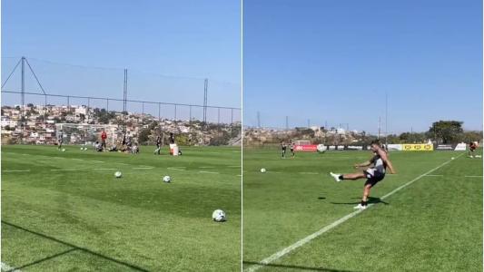 Hulk marcou dois gols idênticos do meio-campo, durante treino na Cidade do Galo