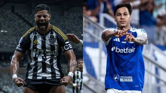Hulk e Kaio Jorge comemoram gols por Atlético e Cruzeiro, respectivamente, na temporada 2025