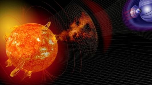 Ilustração artística de eventos no Sol mudando as condições no espaço próximo à Terra. Imagens sugeridas pela NASA, conforme recomendado por nossos pesquisadores