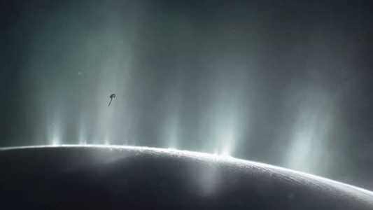 Ilustração mostra sonda Cassini em meio em nuvens de vapor d'água da lua Encélado
