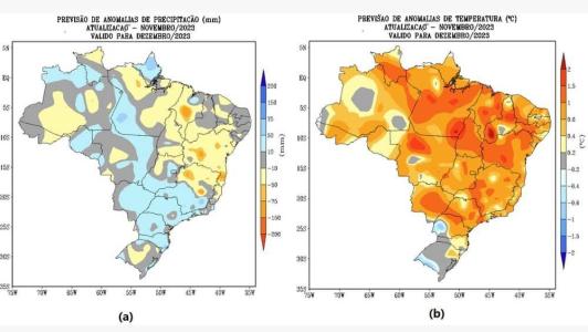 Imagem (a): previsão de chuva; imagem (b): temperatura média do ar para o mês de dezembro de 2023