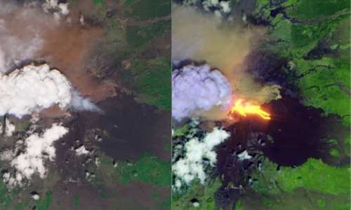 Segunda imagem, montada pela equipe do copernicus em cores falsas por meio de canais de infravermelho de ondas curtas, mostra assinatura térmica dos fluxos de lava ativos pouco depois do início da erupção