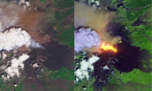 Segunda imagem, montada pela equipe do copernicus em cores falsas por meio de canais de infravermelho de ondas curtas, mostra assinatura térmica dos fluxos de lava ativos pouco depois do início da erupção