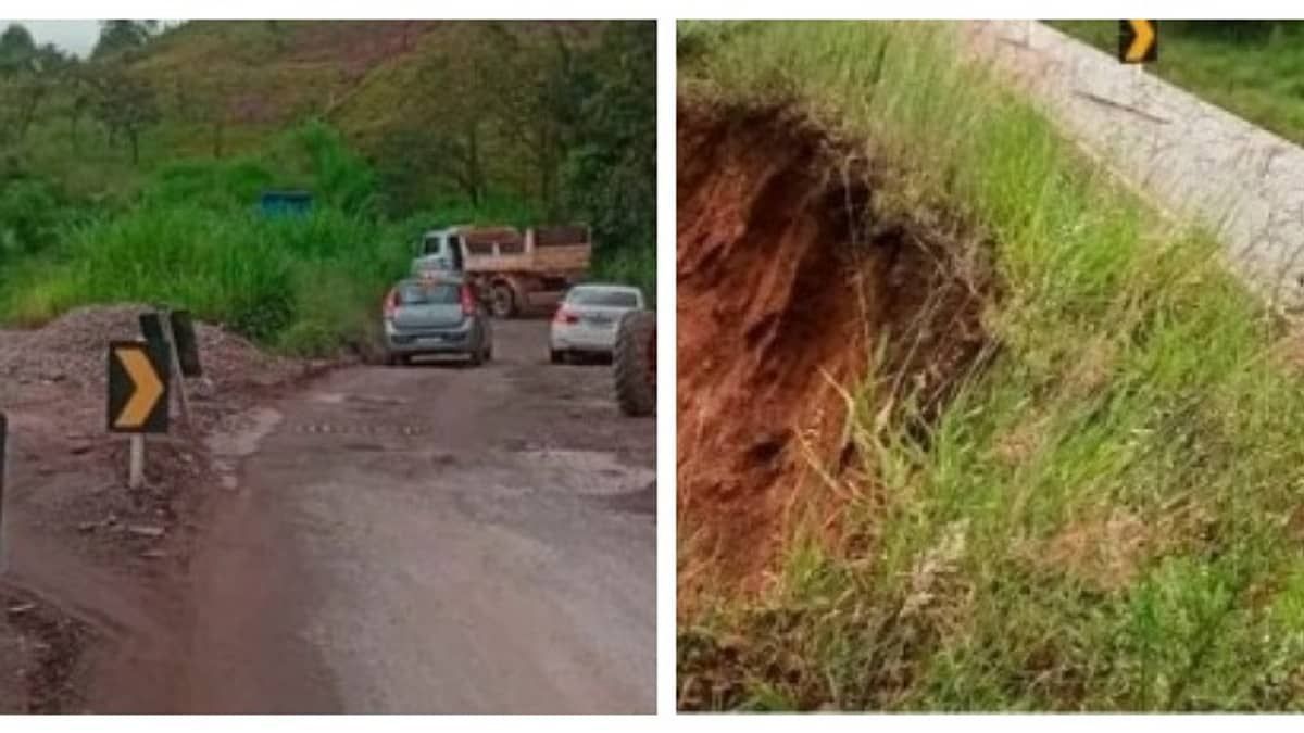 Erosão na rodovia MG-129 deixa trânsito em meia pista no interior de Minas 