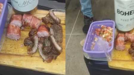 Imagem mostra carne, cerveja e até um recipiente com vinagrete