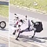 Vídeo: roda se solta de picape e derruba motoqueiro em avenida no interior de Minas