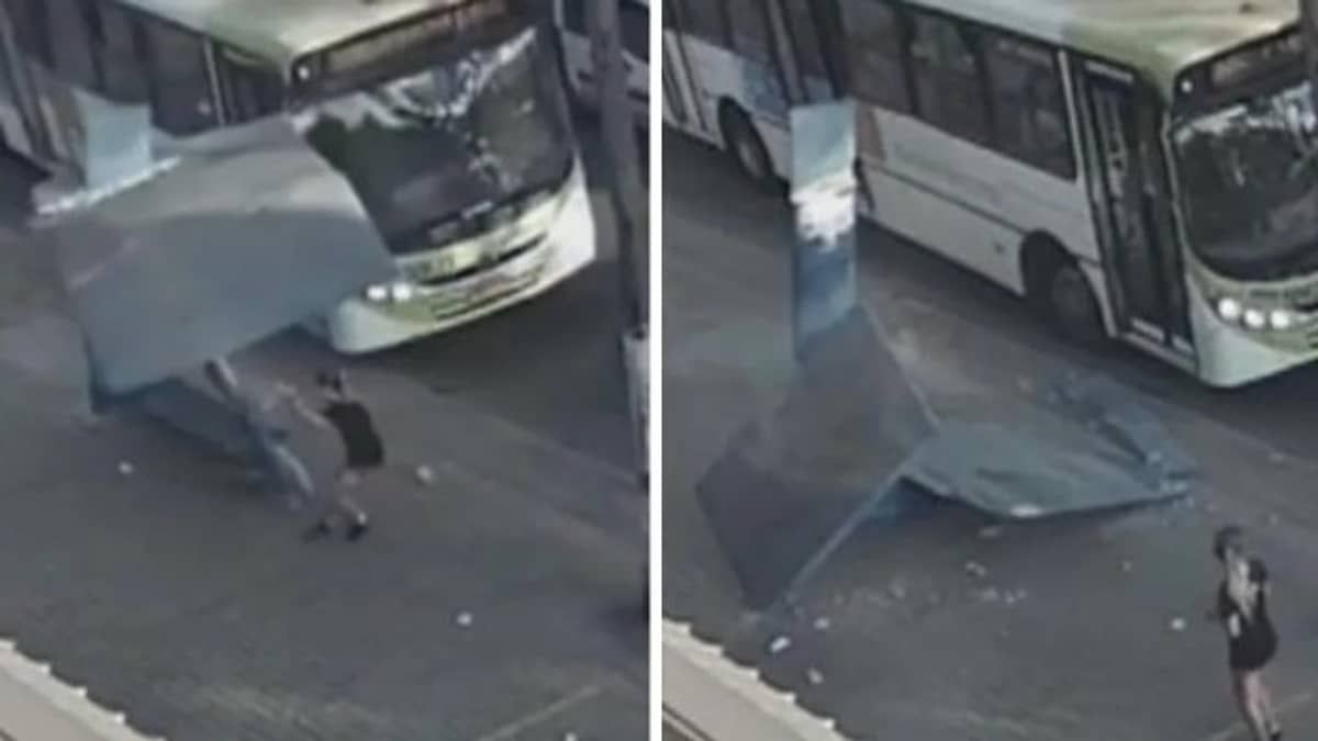 Ponto de ônibus desaba e mulher escapa por muito pouco em GO; veja o momento