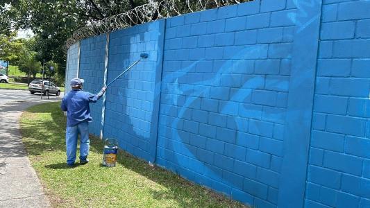 Funcionário do Cruzeiro pintando muro da Toca da Raposa I