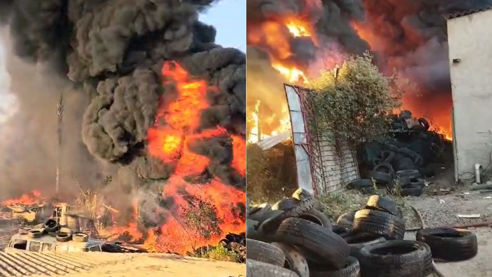 Incêndio de grandes proporções destrói ferro-velho com depósito de pneus, na Grande BH