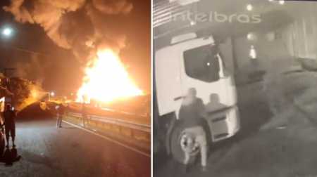 Foto mostra incêndio em Passos e homens invadindo depósito momentos antes das chamas começaram
