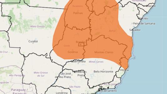 Foto mostra mapa de alerta de chuva em parte de Minas Gerais