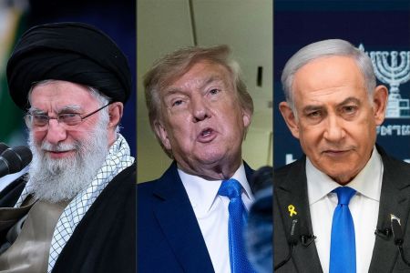 Da esquerda para a direita, uma foto divulgada pelo site oficial do líder supremo do Irã, o aiatolá Ali Khamenei; o presidente dos EUA, Donald Trump e o primeiro-ministro de Israel, Benjamin Netanyahu.