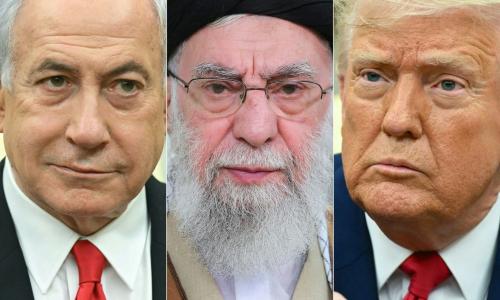 O primeiro-ministro israelense Benjamin Netanyahu, o líder supremo do Irã, aiatolá Ali Khamenei, e o presidente dos EUA, Donald Trump.