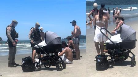 Bebê é exposto ao sol forte e ao som alto em praia de Balneário Camboriú