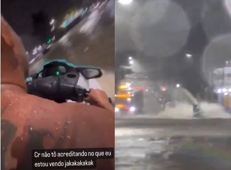 Vídeo mostra homem andando de jet ski em avenida alagada do Rio de Janeiro