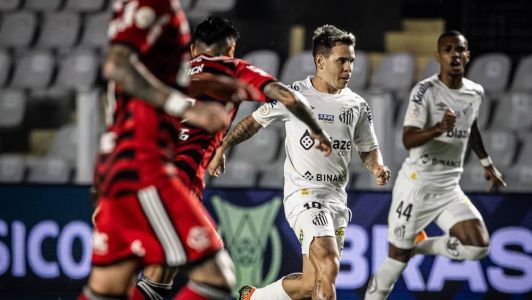 Jogadores de Flamengo e Santos durante partida do primeiro turno do Brasileirão