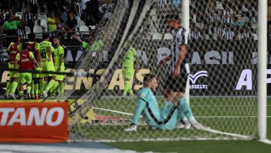 Jogadores do Botafogo desolados e o time do Palmeiras, ao fundo, celebrando