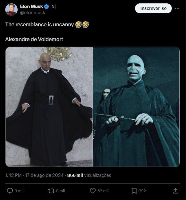 Musk provoca Moraes ao comparar o ministro com vilão de Harry Potter