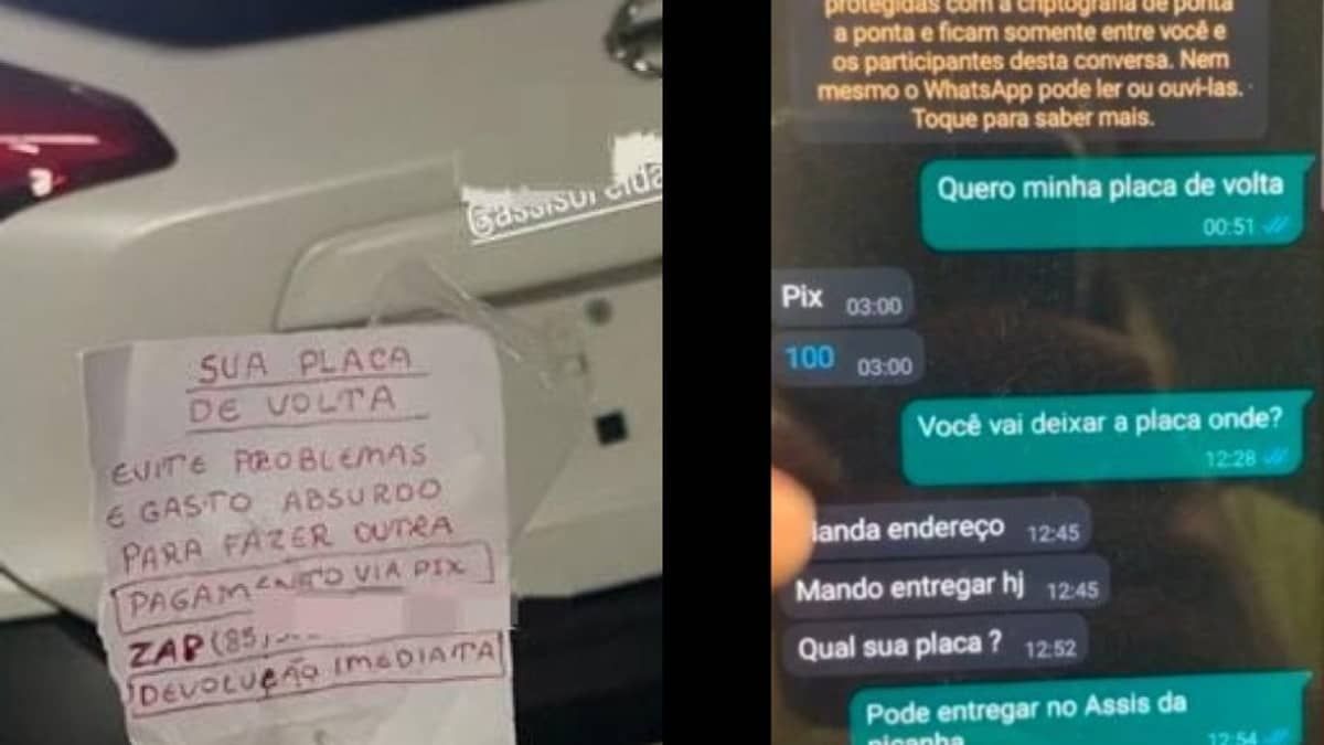 Ladrão furta placa de carro e exige Pix para devolver: ‘Evite problemas e gasto absurdo para fazer outra’