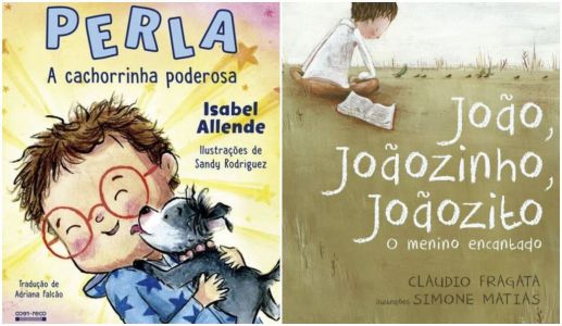 capa dos livros perla, de isabel allende, e joão, joãozinho, joãozito, de claudio fragata e simone matias