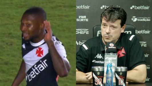 Loide Augusto com a mão na orelha após chute em Vasco 1 x 1 Operário-PR e Fernando Diniz durante entrevista coletiva