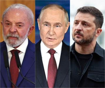 Os presidentes do Brasil, Lula (esq.), da Rússia, Vladimir Putin (cen.), e da Ucrânia, Volodymyr Zelensky (dir.)