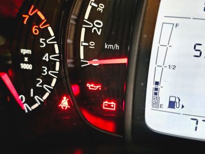 Luzes de advertência no painel do carro: cinto de segurança, óleo e sistema elétrico